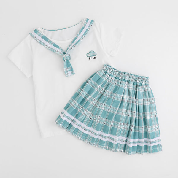 【2点セット】チェックセーラーカラーTシャツ＋プリーツスカート