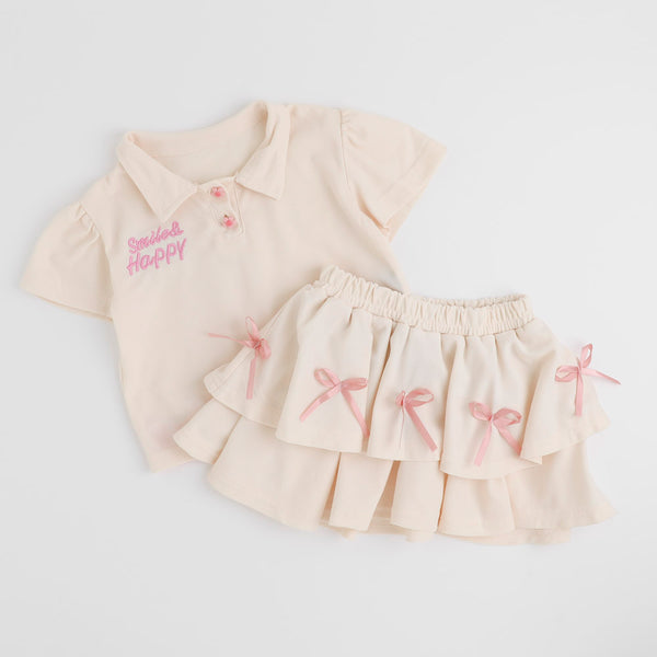 【2点セット】バックリボンワンポイント刺繍ポロトップス＋リボンティアードスカート