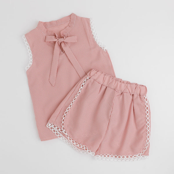 【2点セット】ギンガムチェックボウタイノースリーブブラウス＋ショートパンツ