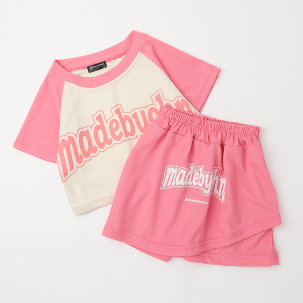 【2点セット】ロゴプリントラグランTシャツ＋フロントプリントスカート