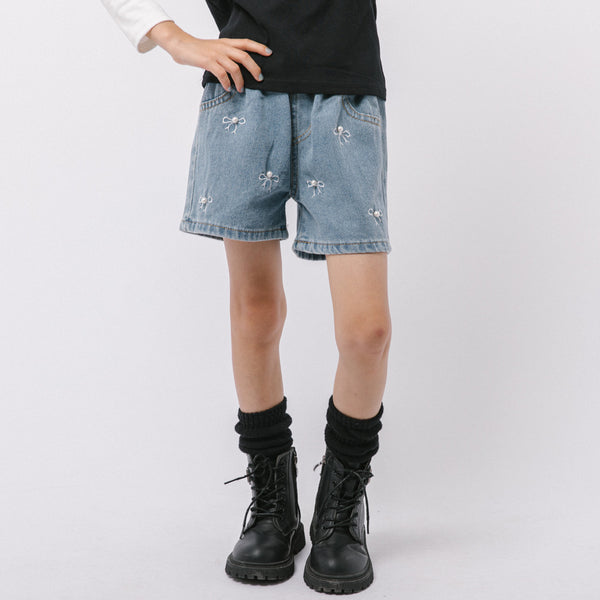パールリボンデザインデニムショートパンツ