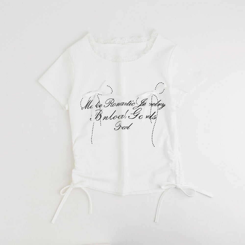 ネックレースデザインリボンプリントTシャツ