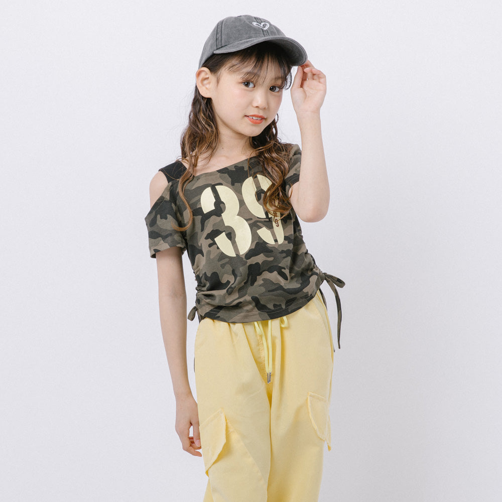 ミリタリーデザインフロントロゴワンショルダートップス|子供服