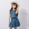 【3点セット】デニムノースリーブトップス＋ベルト付きプリーツスカート