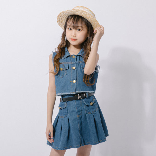 【3点セット】デニムノースリーブトップス＋ベルト付きプリーツスカート