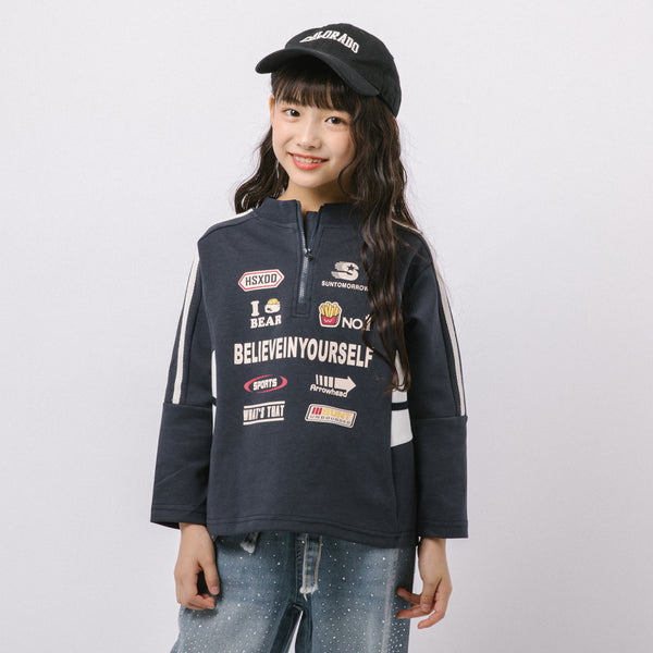 レーサーロゴライクプリントハーフジップトップス