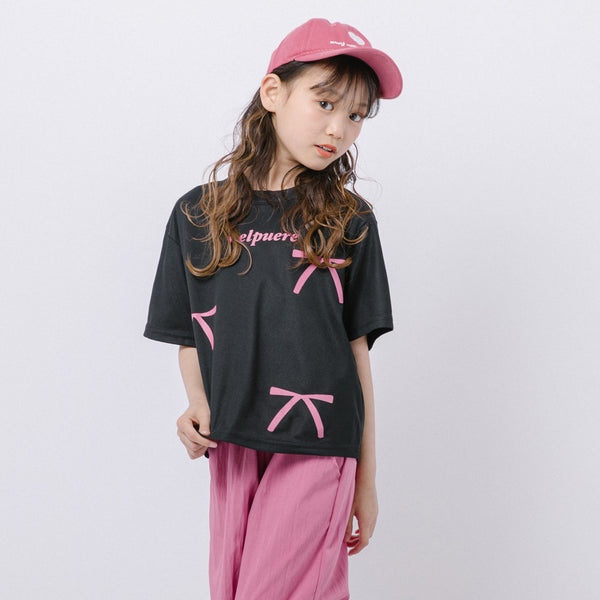 【2点セット】リボンプリントオーバーサイズTシャツ＋カラーストレートパンツ
