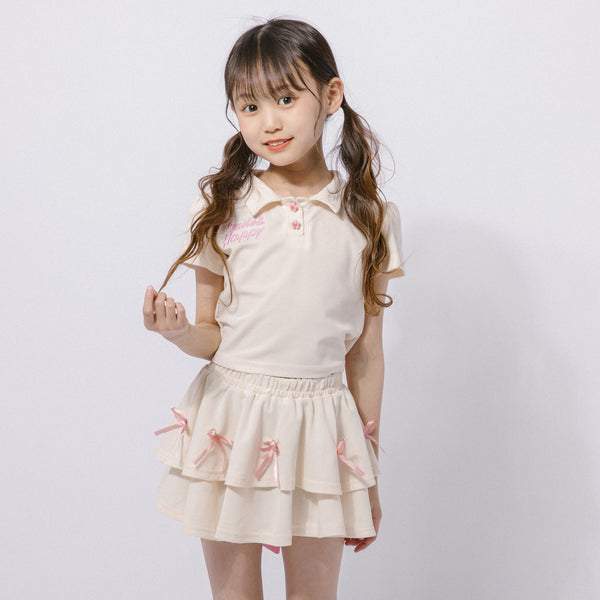 【2点セット】バックリボンワンポイント刺繍ポロトップス＋リボンティアードスカート