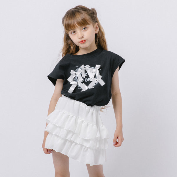 【2点セット】パールリボンフレンチスリーブTシャツ＋ティアードスカート