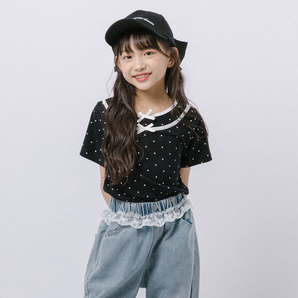 レイヤードライクポルカドットリボンTシャツ