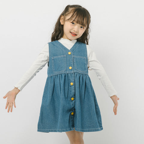 フロントボタンデザインデニムフレアワンピース