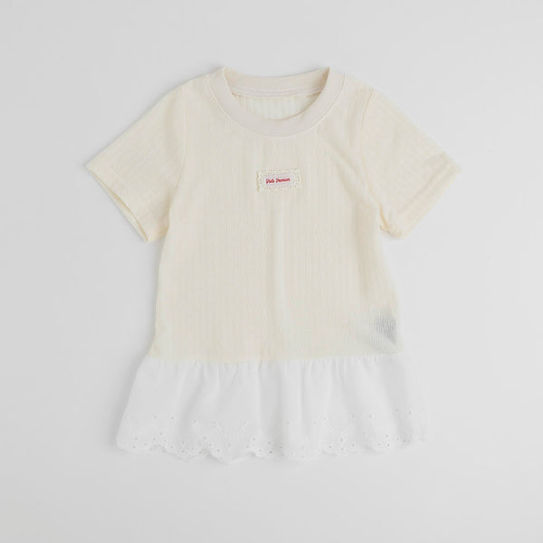 カットワークレースフリルドッキングTシャツ