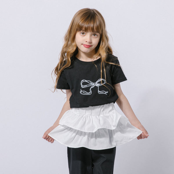【2点セット】リボンプリントクロップドTシャツ＋フリルドッキングパンツ