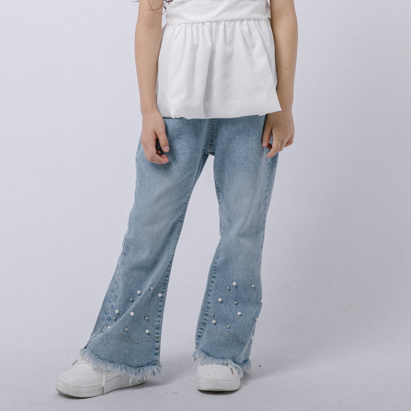 パールデザインフリンジフレアデニムパンツ