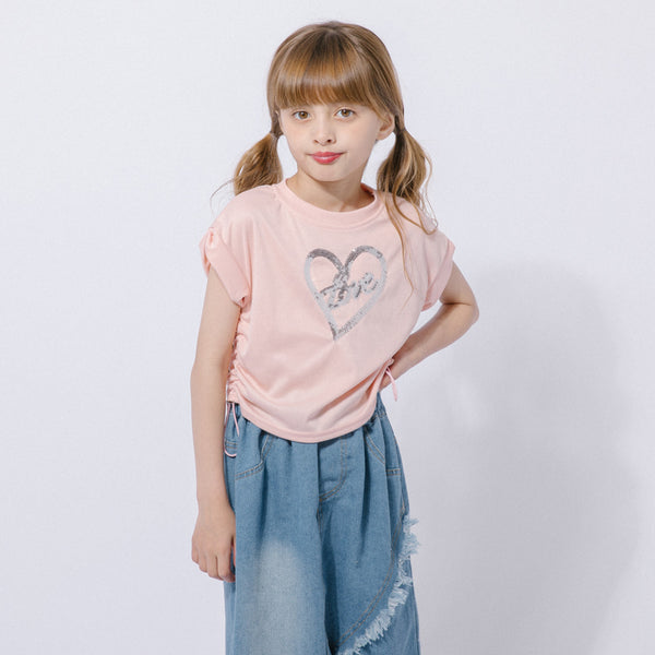 【2点セット】サイドギャザーハートTシャツ＋アシンメトリーダメージデニムスカート