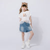 【2点セット】レースフリルドッキングキャットプリントTシャツ＋デニムショートパンツ