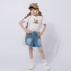 【2点セット】レースフリルドッキングキャットプリントTシャツ＋デニムショートパンツ