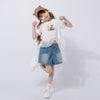 【2点セット】レースフリルドッキングキャットプリントTシャツ＋デニムショートパンツ