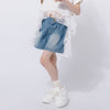 【2点セット】レースフリルドッキングキャットプリントTシャツ＋デニムショートパンツ