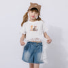 【2点セット】レースフリルドッキングキャットプリントTシャツ＋デニムショートパンツ