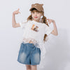 【2点セット】レースフリルドッキングキャットプリントTシャツ＋デニムショートパンツ