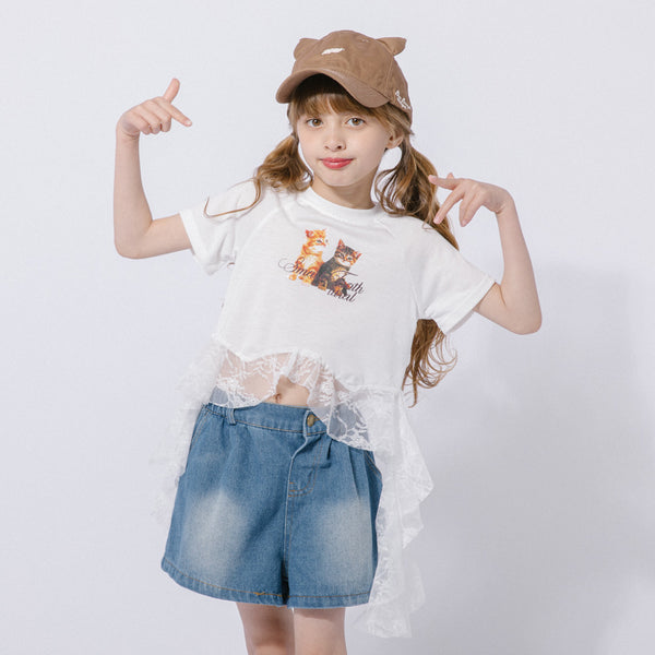 【2点セット】レースフリルドッキングキャットプリントTシャツ＋デニムショートパンツ