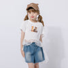 【2点セット】レースフリルドッキングキャットプリントTシャツ＋デニムショートパンツ