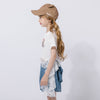 【2点セット】レースフリルドッキングキャットプリントTシャツ＋デニムショートパンツ