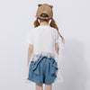 【2点セット】レースフリルドッキングキャットプリントTシャツ＋デニムショートパンツ