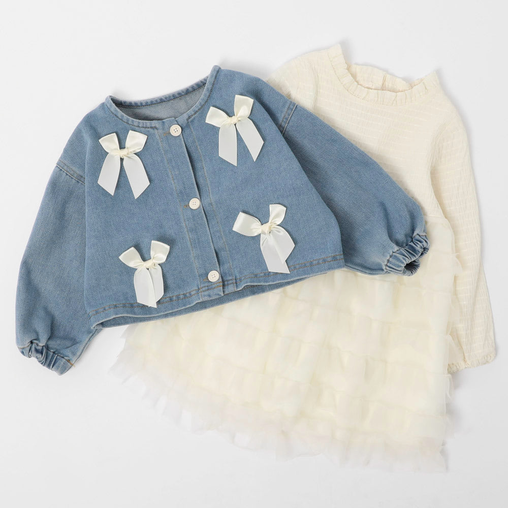 【2点セット】リボンデニムジャケット＋チュールティアードワンピース
