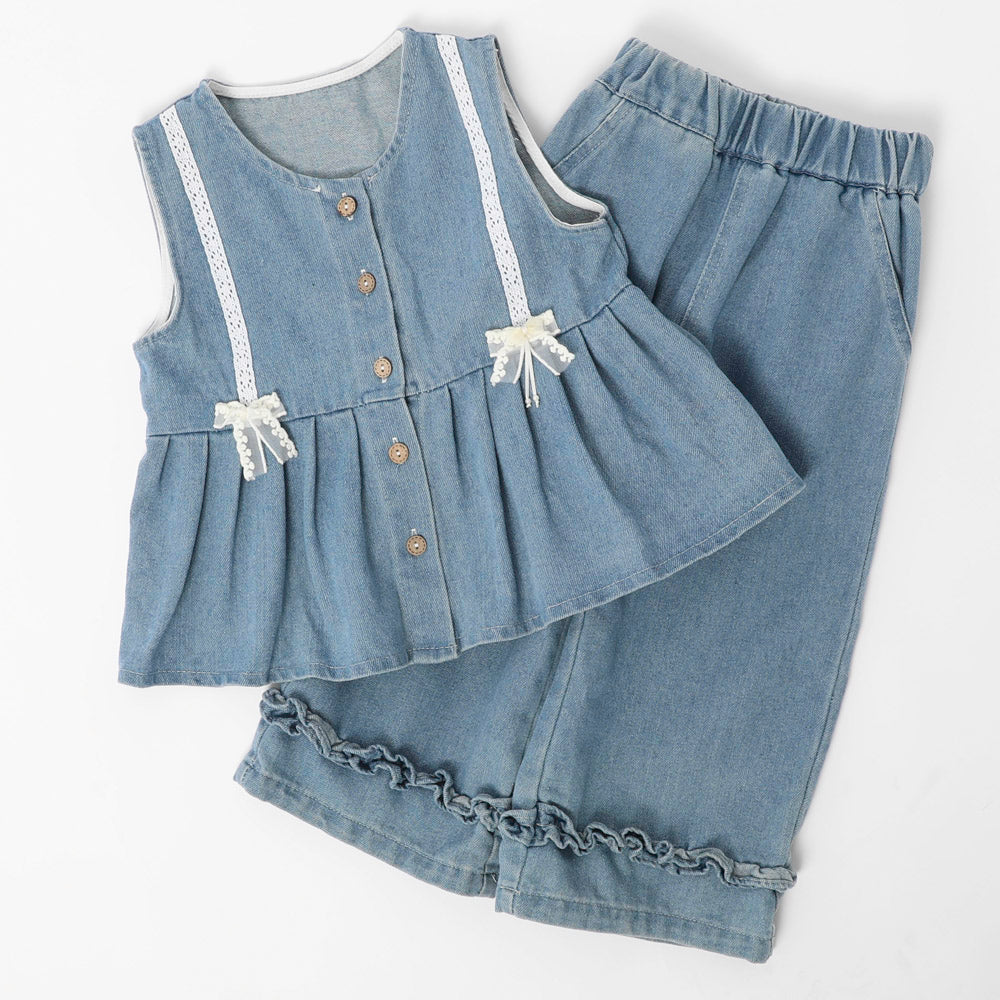 【2点セット】レースラインデニムペプラムビスチェ＋ワイドパンツ