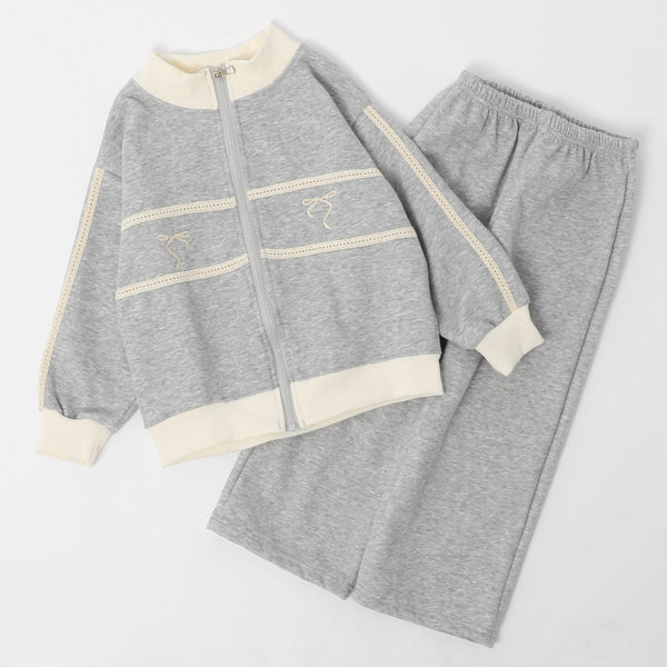 【2点セット】バイカラーフロントリボンデザインジップトップス＋ストレートパンツ