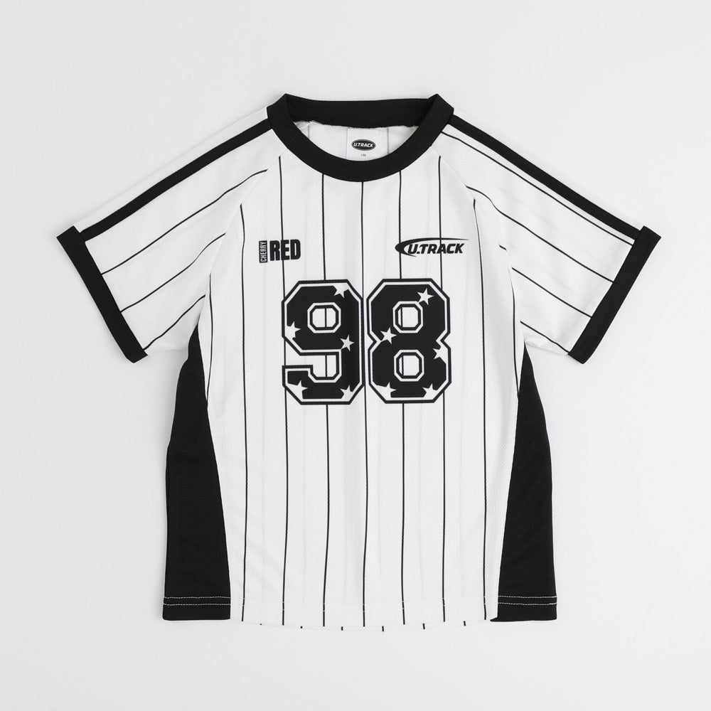 【U.TRACK/ユードットトラック】"感激サラメッシュ"ナンバーロゴストライプTシャツ