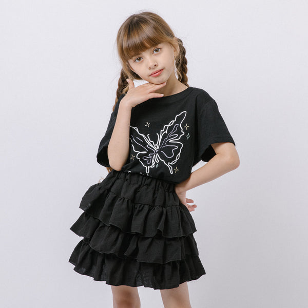 【2点セット】バタフライロゴプリントTシャツ＋ティアードスカート