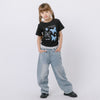 レースフリルバタフライロゴプリントギャザーTシャツ