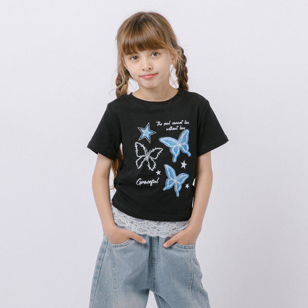 レースフリルバタフライロゴプリントギャザーTシャツ