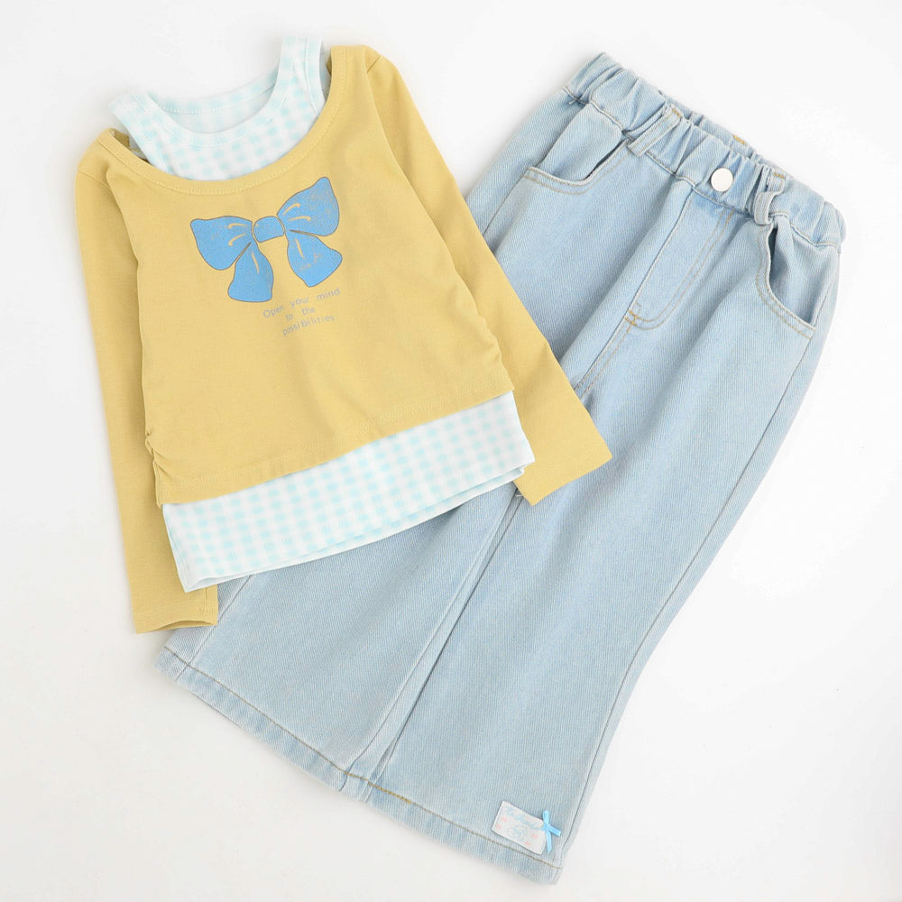 【2点セット】オープンショルダーレイヤードライクプリントトップス＋デニムパンツ