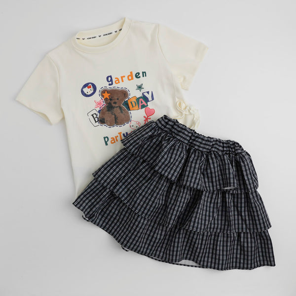 【2点セット】サイドスリットプリントTシャツ＋チェックティアードスカート