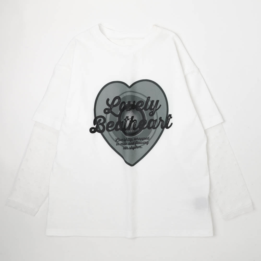 ハートレコードプリントチュールドッキングTシャツ