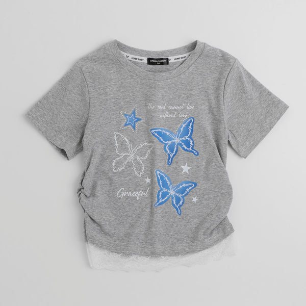 レースフリルバタフライロゴプリントギャザーTシャツ