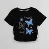 レースフリルバタフライロゴプリントギャザーTシャツ