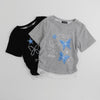 レースフリルバタフライロゴプリントギャザーTシャツ