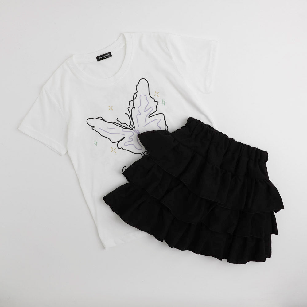 【2点セット】バタフライロゴプリントTシャツ＋ティアードスカート