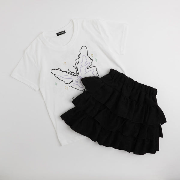 【2点セット】バタフライロゴプリントTシャツ＋ティアードスカート