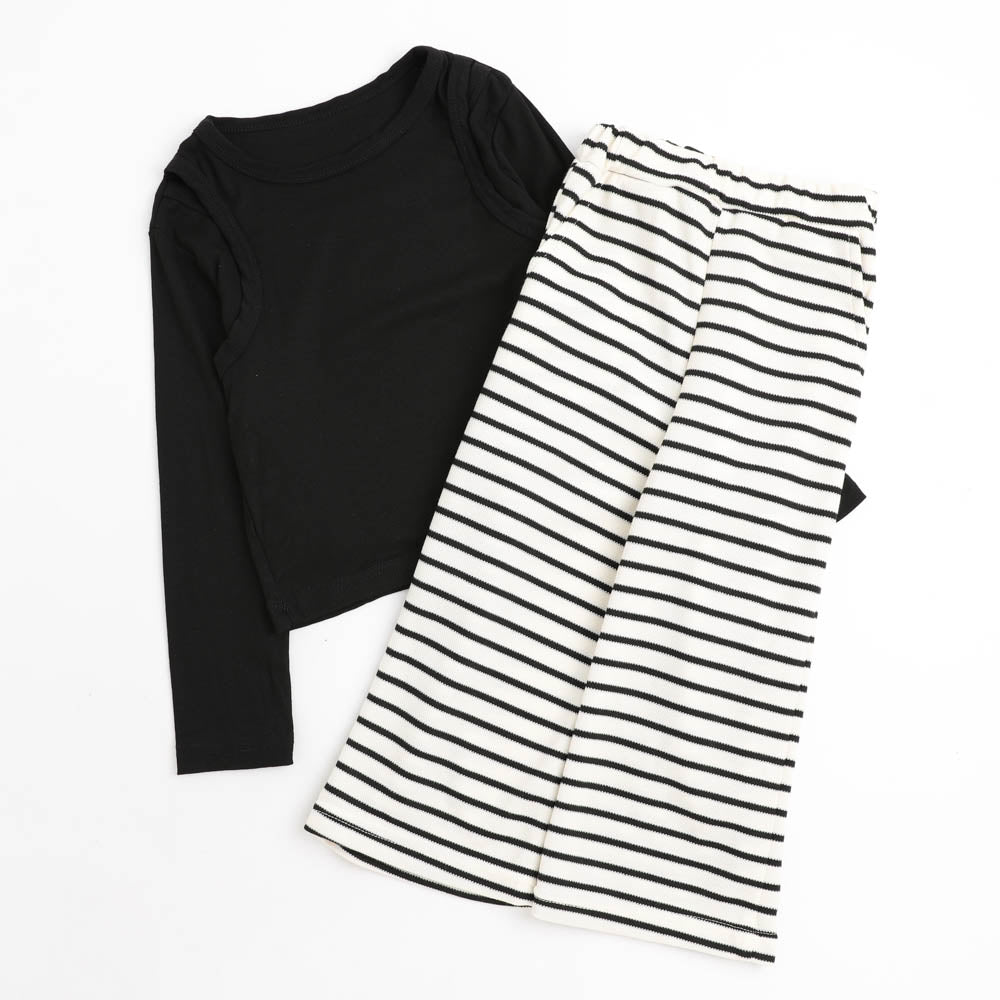 【2点セット】レイヤーライクデザイントップス＋リラックスボーダーパンツ