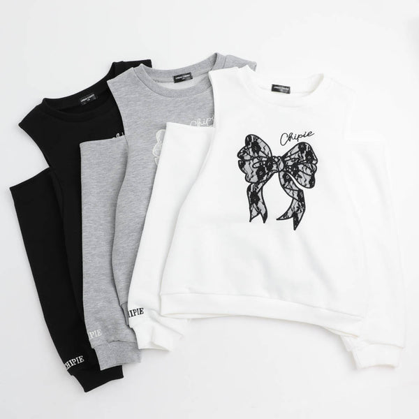 【CHIPIE/シピ】レースリボン刺繍カットショルダートレーナー