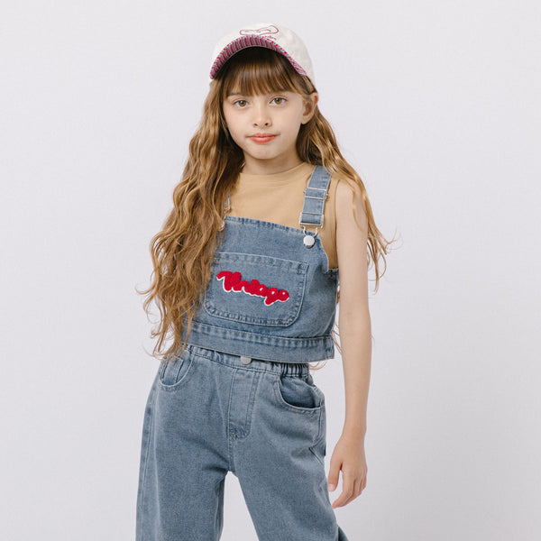 【2点セット】フロッキーロゴデザインデニムビスチェ＋ストレートパンツ