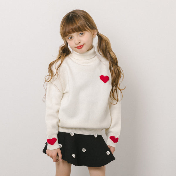 リブハイネックバイカラーハートデザインニット