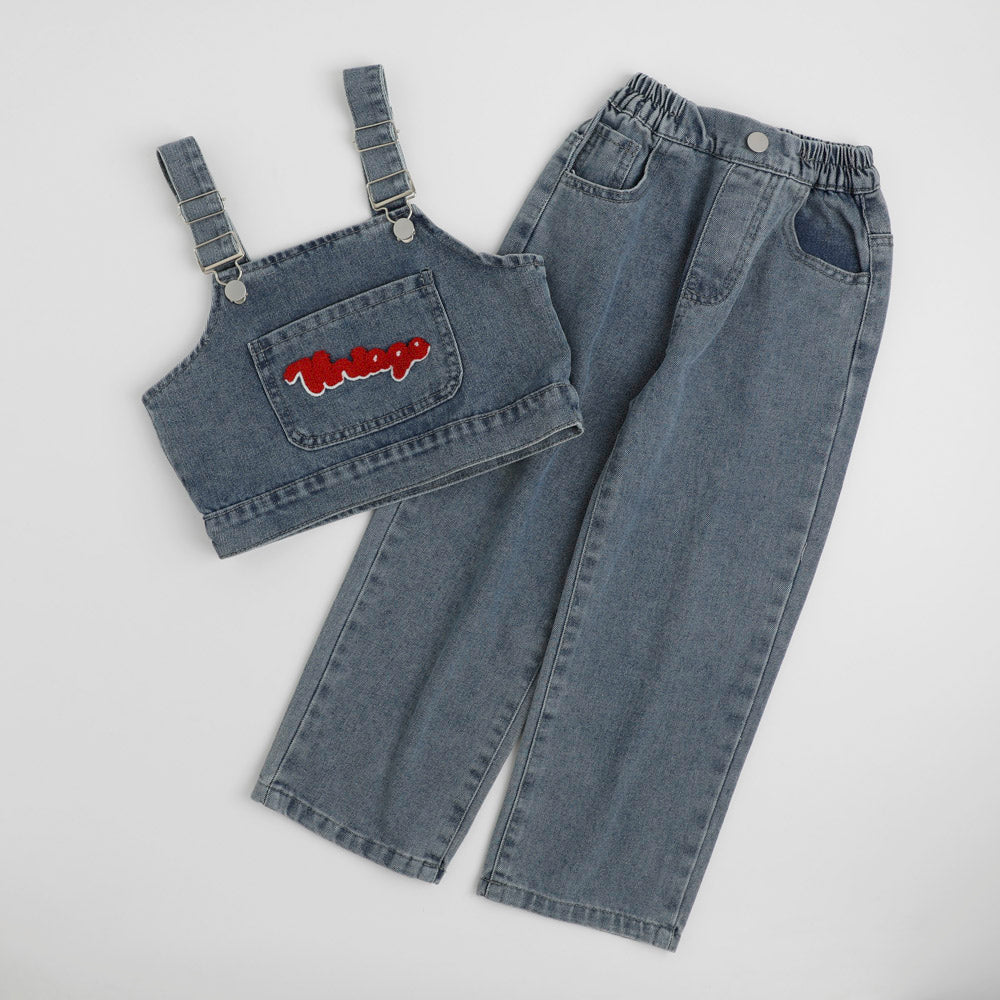 【2点セット】フロッキーロゴデザインデニムビスチェ＋ストレートパンツ