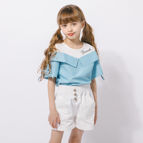 【2点セット】オープンショルダードッキングストライプブラウス＋フロントボタンショートパンツ